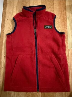 L.L. Bean Red Fleece Vest with Navy Trim Accents